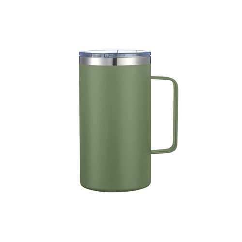 A drink bottle featuring a 625ML double wall design in olive green with a stainless steel lid and handle.