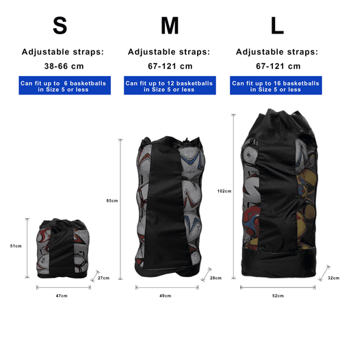 A drawstring mesh ball bag in black, with three sizes shown, featuring adjustable straps and a logo.