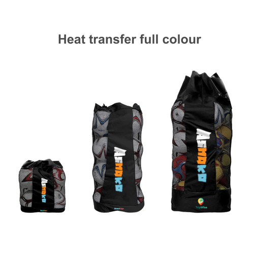 A set of three drawstring mesh ball bags in black, featuring a colourful graphic design and a logo.