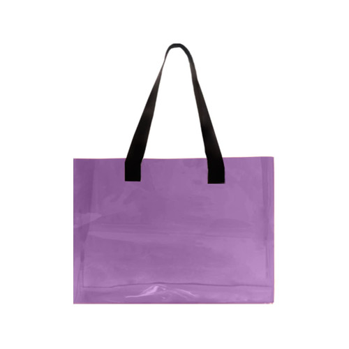 A purple clear tote bag with black handles, featuring a branding logo.