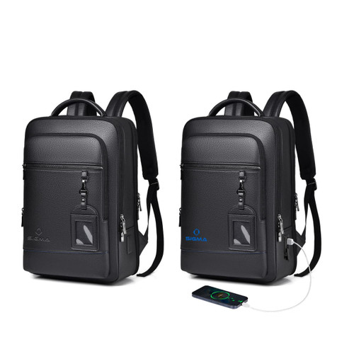 A polyurethane laptop backpack in black with multiple compartments and a logo. Includes a USB charging port.