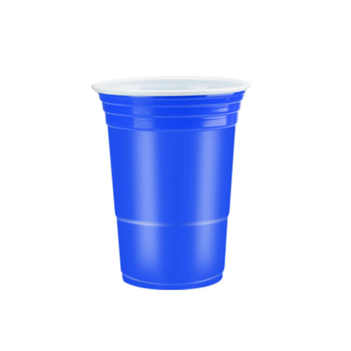 A blue plastic cup with a white lid, part of a party cup set for beer pong games.