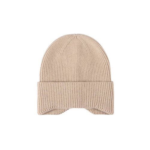 A beige earflap beanie with a ribbed texture and a foldable cuff, featuring a logo on the side.