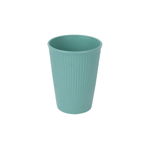 A teal wheat straw toothbrush cup with a ribbed design, suitable for personal care items. The cup features a logo.