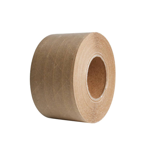 A roll of brown water-activated reinforced kraft paper tape, featuring a centre core and a smooth surface.
