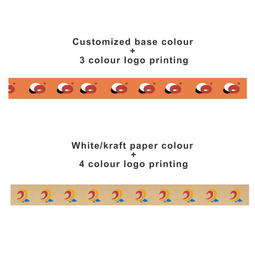 Two rolls of water-activated gummed kraft paper tape in orange and kraft paper colours, each with distinct logo designs.