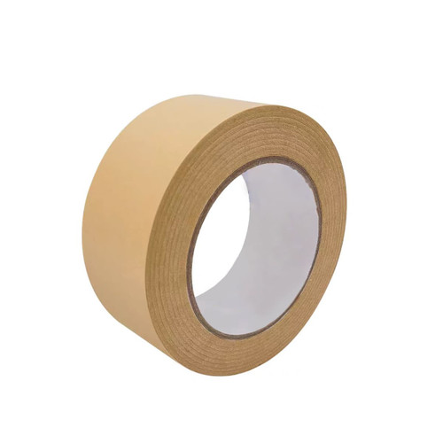 A roll of self-adhesive kraft paper tape in a natural brown colour with a white interior core and no visible branding.
