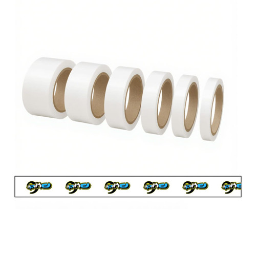 A set of white BOPP packaging tape rolls of varying widths, featuring a logo on the packaging.