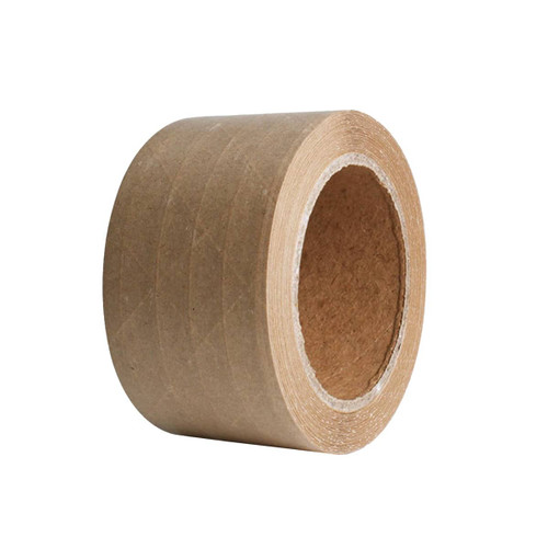 A roll of self-adhesive reinforced kraft paper tape in a natural brown colour, featuring a central core.