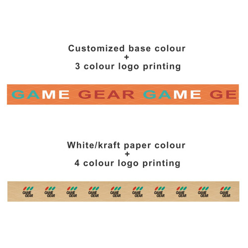 A roll of self-adhesive reinforced kraft paper tape in natural brown with multi-coloured logo printing.