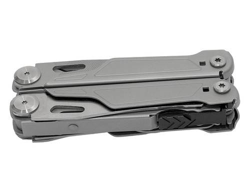 A grey multi-tool featuring various integrated tools, compact and foldable design, with a logo on the side.