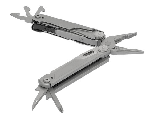 A silver multi-tool featuring pliers, various tools, and a sleek design. It includes branding on the handle.