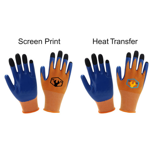 Two pairs of insulated gloves with orange and blue colours, featuring different designs and black fingertips.
