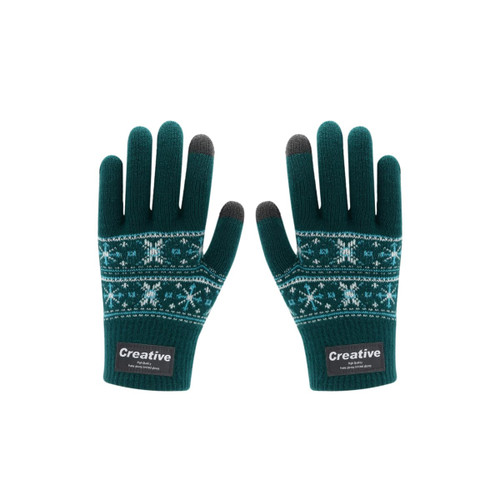 Green jacquard gloves with a snowflake pattern and touch-screen friendly fingertips. Features a branding logo.