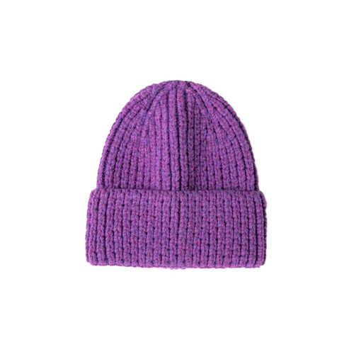 A purple twisted cable cuffed beanie with a textured knit design and a folded brim. It features a logo.