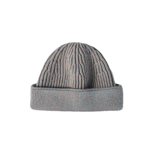 A round beanie in grey with a ribbed texture and folded cuff. It features a logo on the side.