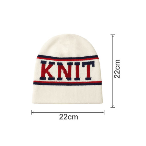 A knitted beanie in cream with red and navy stripes, featuring the word "Knit" across the front.