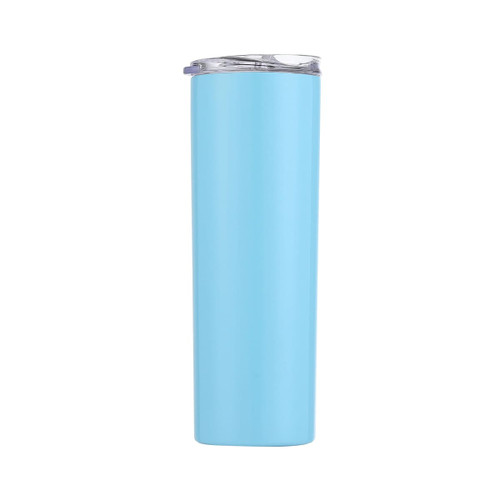 A drink bottle in light blue with a double wall, stainless steel design and a clear lid. It features a logo.