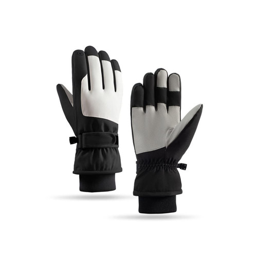 Ski gloves in black and grey, featuring a snug fit and elastic wrist cuffs for enhanced warmth and comfort.