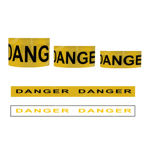 Bright yellow barrier tape featuring black text that reads "DANGER". The tape is displayed in various lengths and widths.
