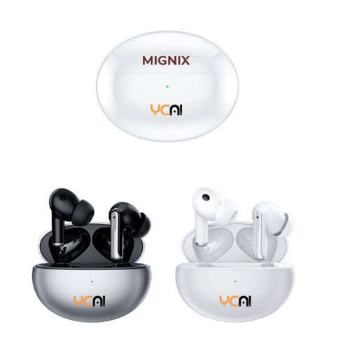 Active noise cancelling wireless earbuds in black and white, stored in a case with a logo. The case is white.