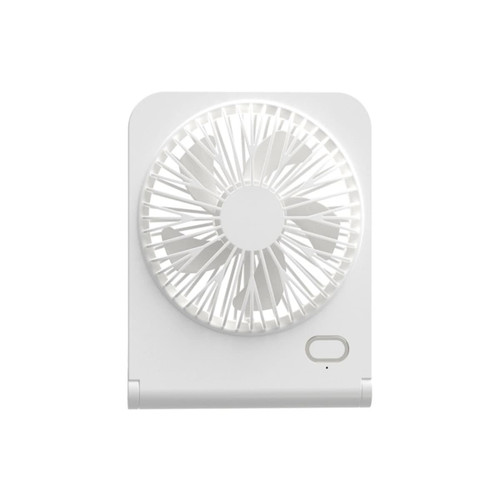 A white mini desk fan featuring a circular grille design and a small power button.