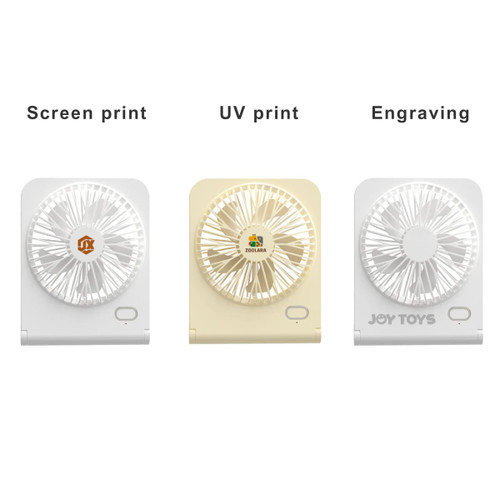 A collection of three mini desk fans in white and cream, featuring different printing options on the front.