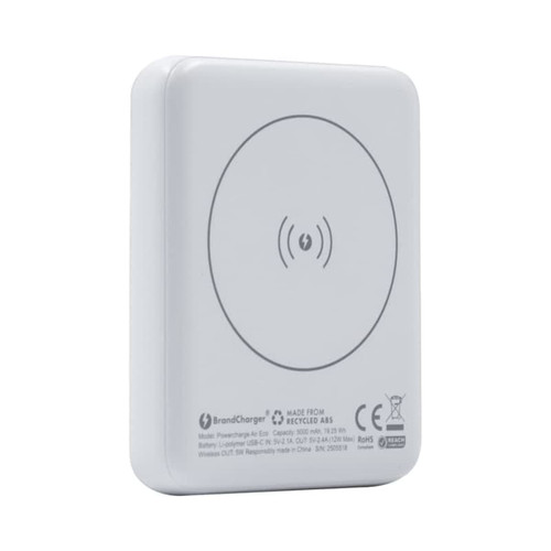 A white magnetic wireless power bank with a circular charging symbol on the surface and a branding logo.