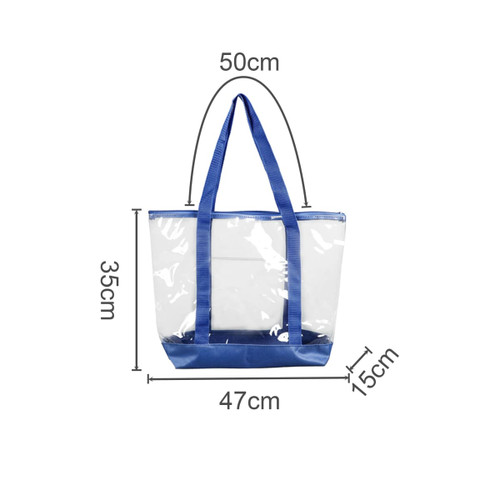 A large clear zippered tote bag with blue handles and trim, featuring dimensions and a logo.