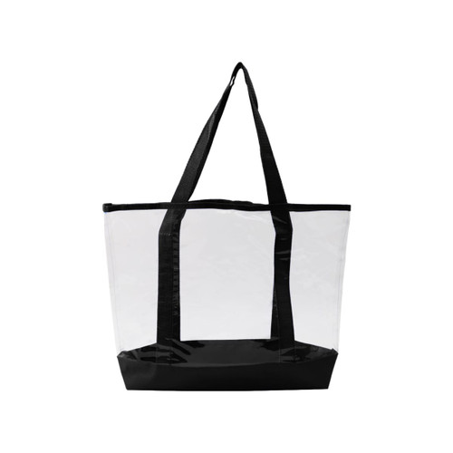 A transparent handbag with black vinyl accents and sturdy black handles. It has a spacious open design.