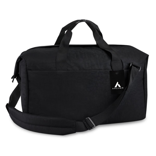 A black duffle bag with sturdy handles and a shoulder strap, featuring a logo tag.