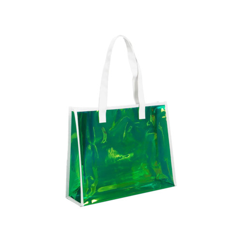 A clear green handbag with white handles, featuring a shiny, reflective surface and a simple design.