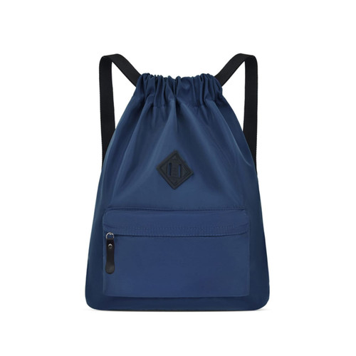 A lightweight drawstring backpack in navy blue with a front zippered pocket and a logo.