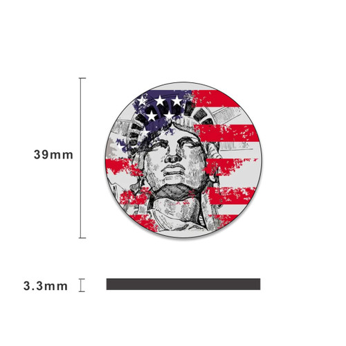 A circular poker chip featuring a design of the Statue of Liberty with a red and blue American flag background.