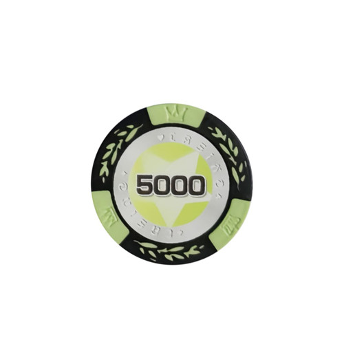 A clay poker chip in black and lime green, with a star design and the number "5000" prominently displayed.