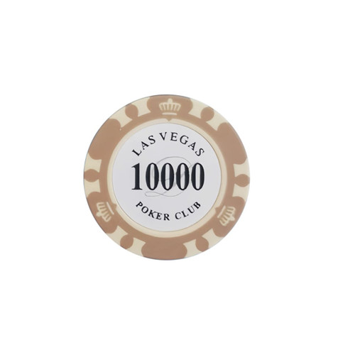 A round poker chip in beige with a white centre, displaying the text "10000" and "Poker Club," featuring a logo.