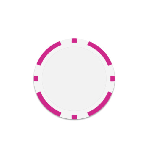 A round poker chip featuring a white centre and pink accents around the edge.