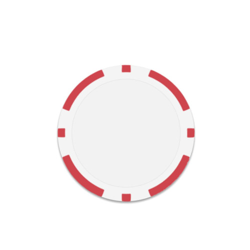 A round poker chip in white with red accents around the edges. It has a smooth surface and no visible branding.