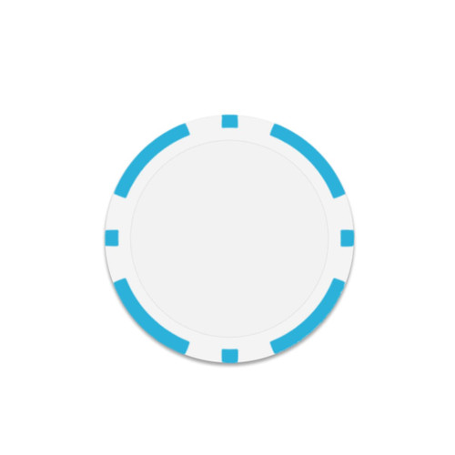 A round poker chip in white with blue accents around the edge. Features a simplistic design.