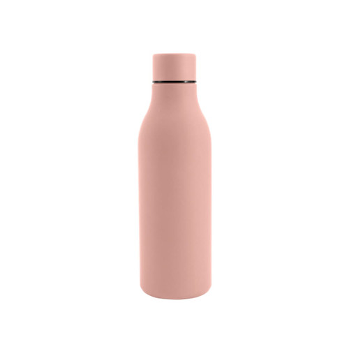 A drink bottle with a sleek design, featuring a pink thermal rubber coating and a silver cap. It has a logo on the side.