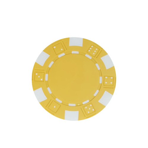 A yellow poker chip with white accents and embossed designs around the edge.