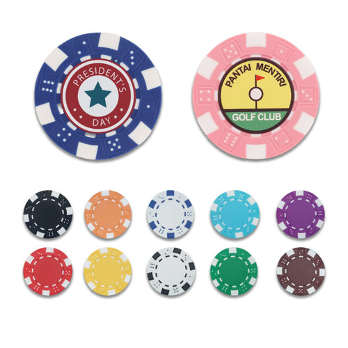 A set of colourful ABS poker chips in various designs and colours, including blue, pink, white, and green, featuring different motifs.