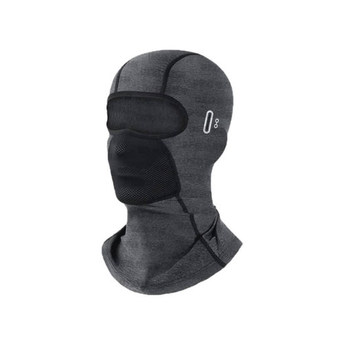 A breathable balaclava cycling face mask in grey, featuring a mesh eye area and a fitted design with a logo.
