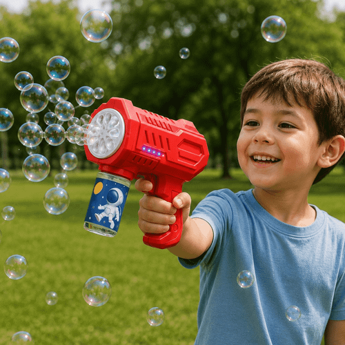 A red bubble gun with a blue canister, producing numerous bubbles, held by a smiling child in a green park.