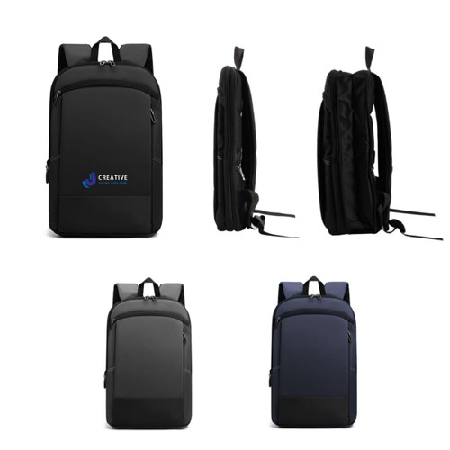 An expandable laptop backpack in black with a logo, shown from multiple angles, including side views.