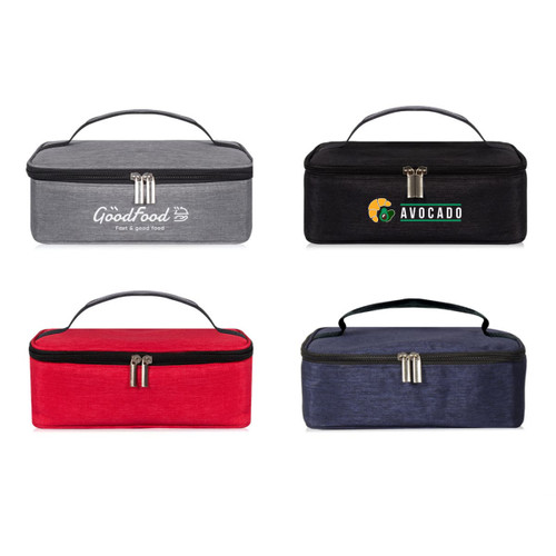Four portable thermal insulated lunch bags in grey, black, blue, and red, each with a handle and a logo.
