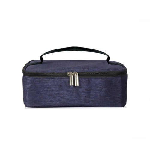 A portable thermal insulated lunch bag in dark blue with a zip closure and a carry handle.