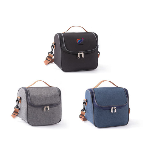 Three customizable lunch bags in black, grey, and blue, each with a handle and adjustable strap, featuring a logo.