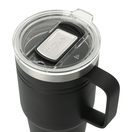 A drink bottle in black with a clear lid and a stainless-steel rim, featuring a handle and a logo.
