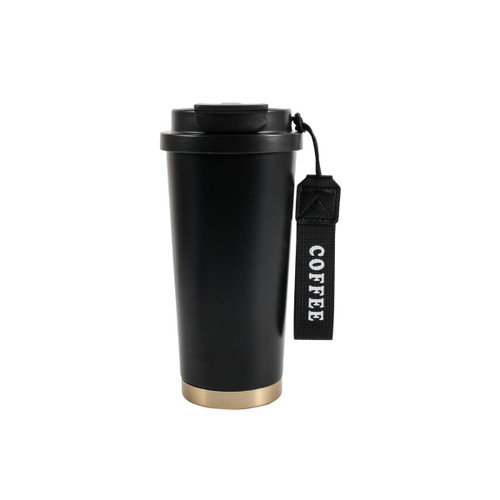 A stainless steel coffee mug with a double wall, featuring a black body and gold base, and a coffee-themed strap.